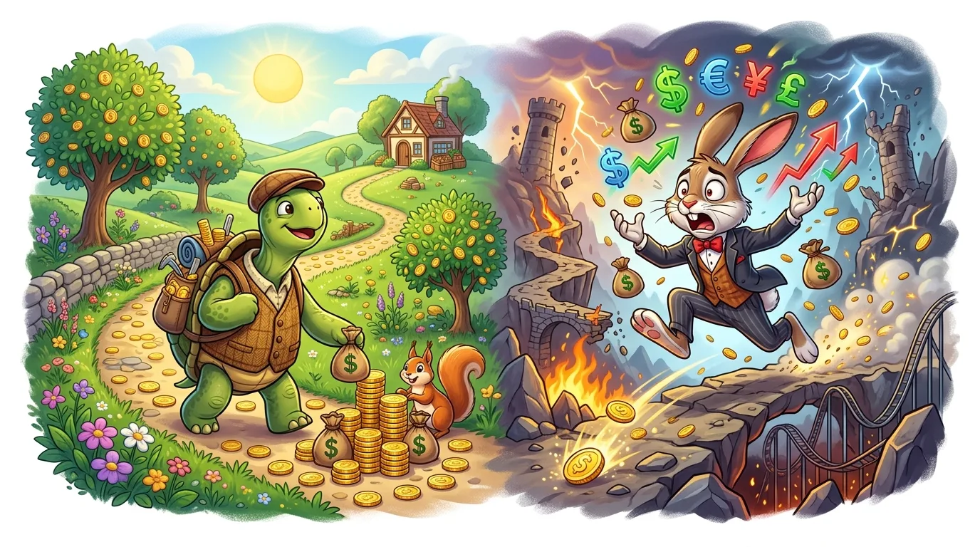 A tortoise steadily accumulates wealth while a rabbit frantically loses money amidst market chaos.