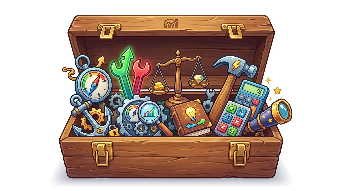 A wooden toolbox filled with various tools and symbols representing finance, strategy, and growth.