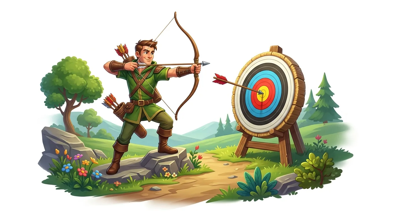 A cartoon archer in a green outfit shoots an arrow into a target in a vibrant landscape.