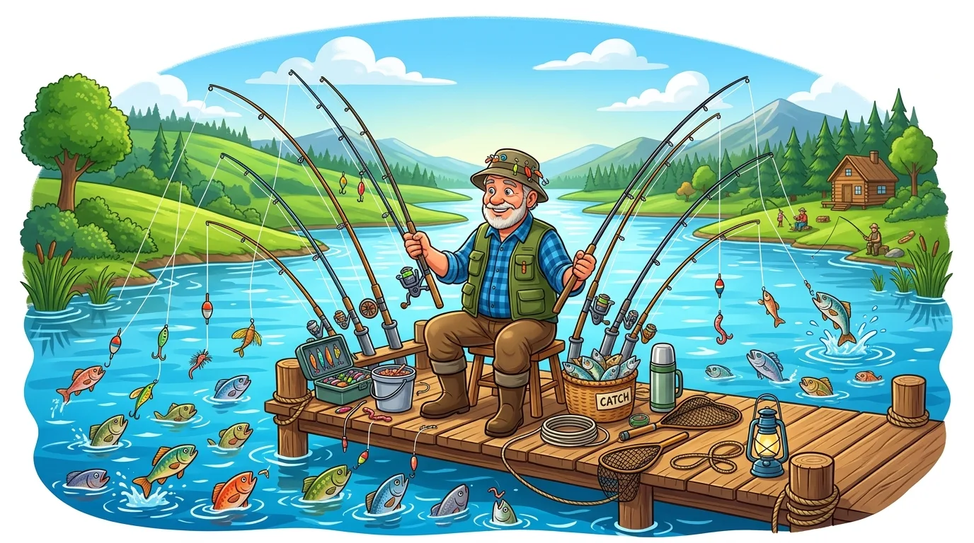 An old man happily fishing on a dock surrounded by many fishing rods and fish.