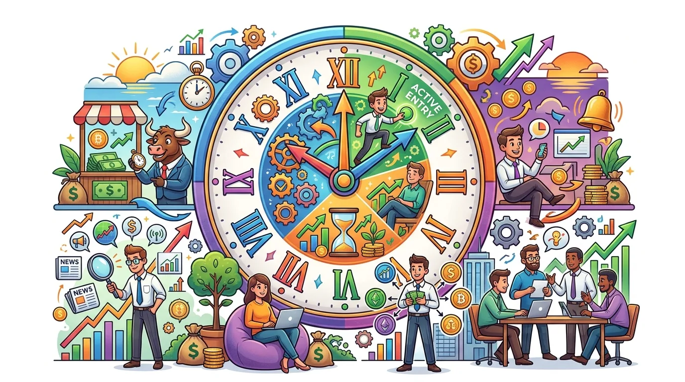 A vibrant illustration depicting various aspects of trading and finance around a clock.
