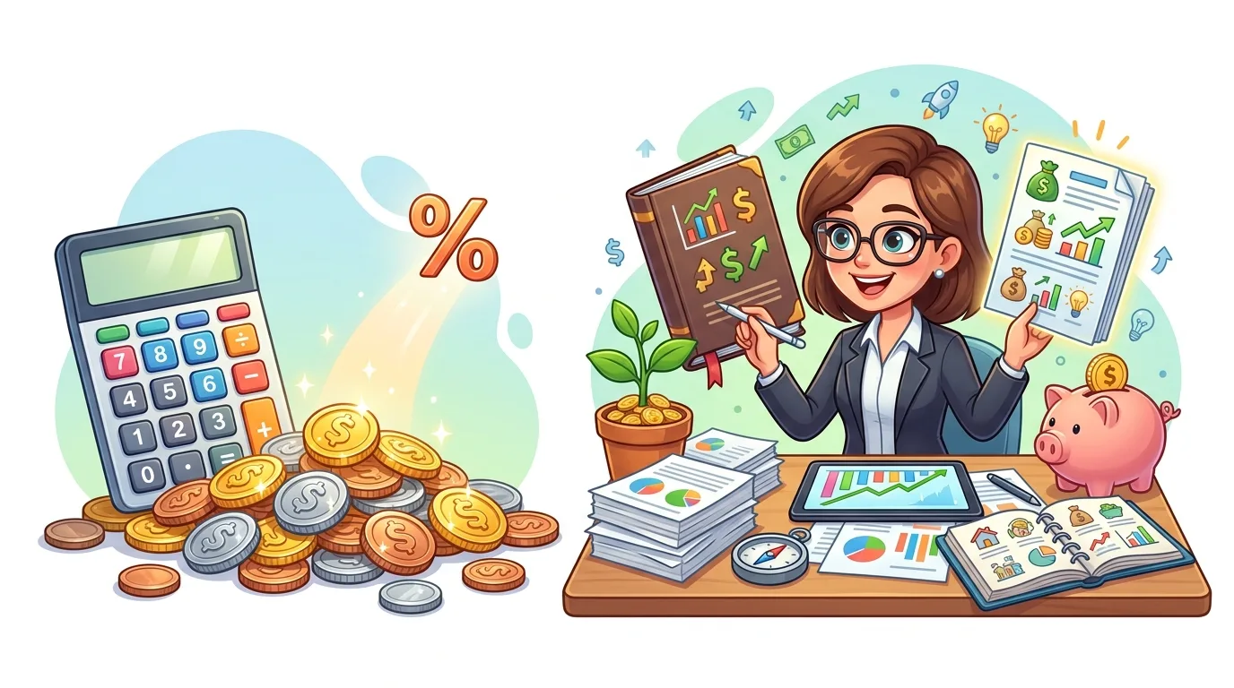 An illustration showing financial calculations, savings, and a woman managing investments.