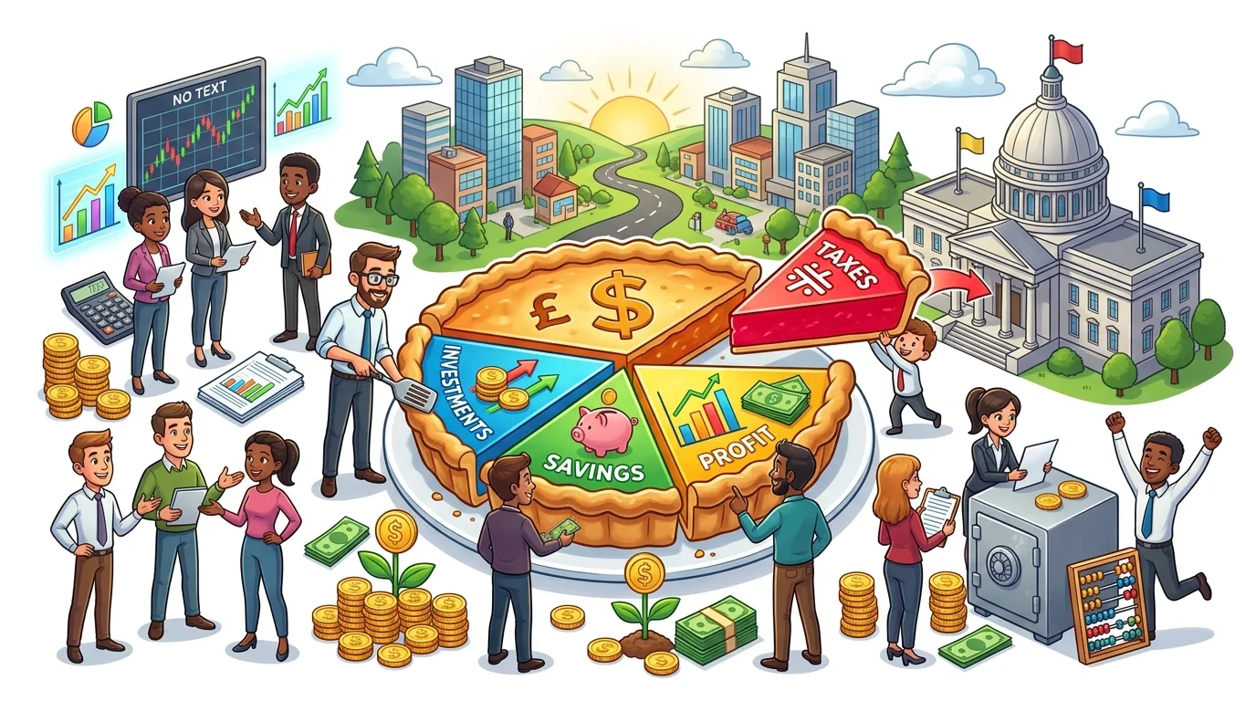 A vibrant illustration depicting various aspects of personal and governmental finance.