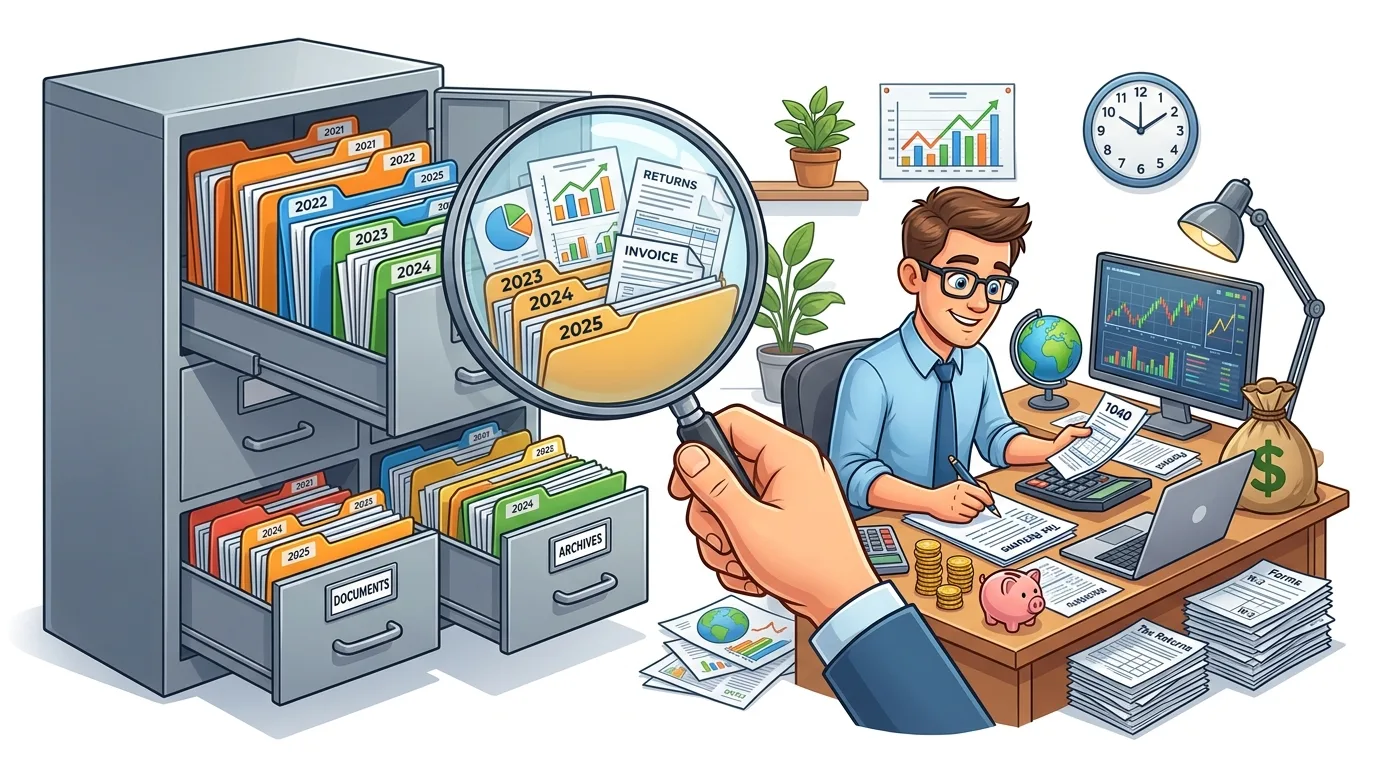 An accountant reviews financial documents in a filing cabinet with a magnifying glass.