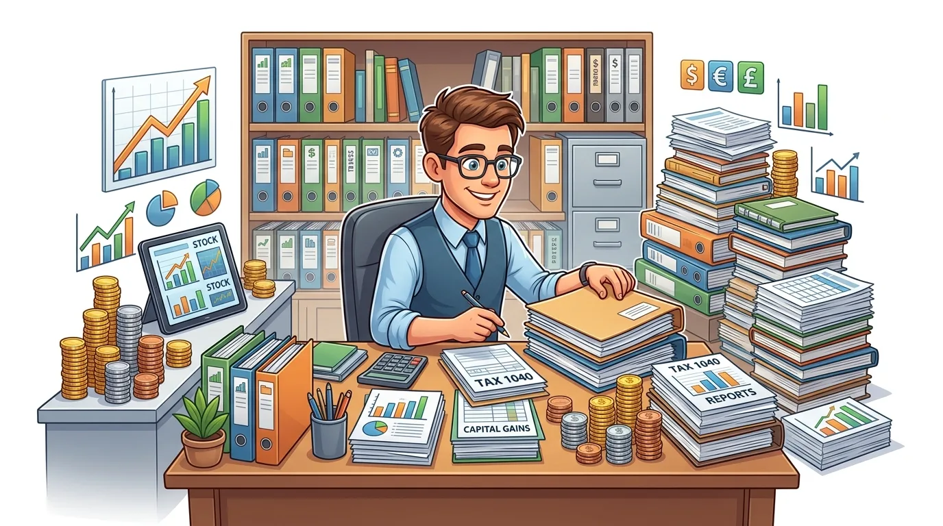 A smiling accountant works at a desk filled with financial documents, charts, and coins.