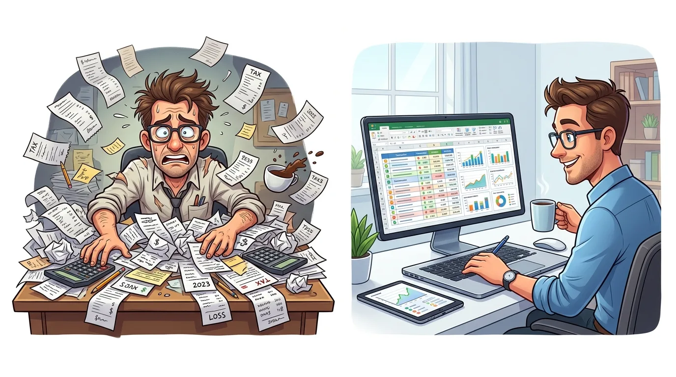 A split image showing a stressed person overwhelmed by paperwork and a calm person using digital tools.