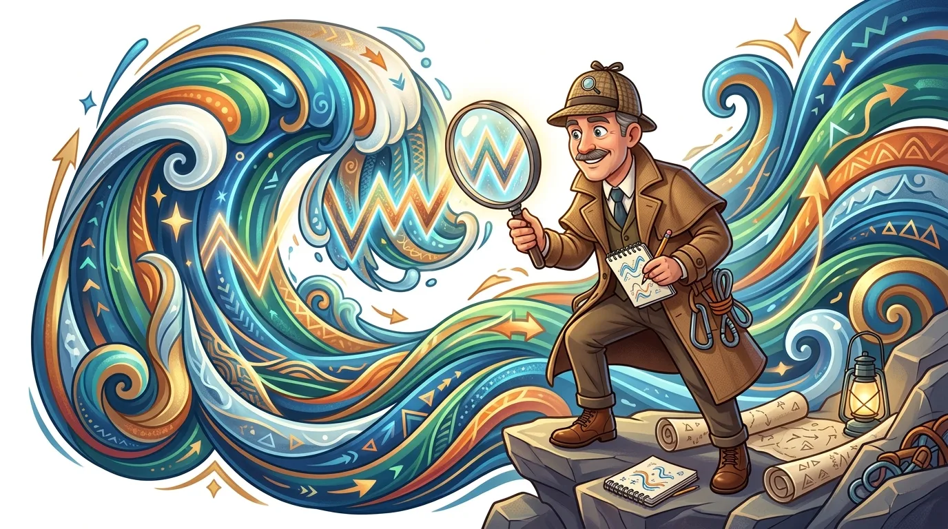 A detective examines a vibrant, flowing wave pattern with a magnifying glass, symbolizing market analysis.
