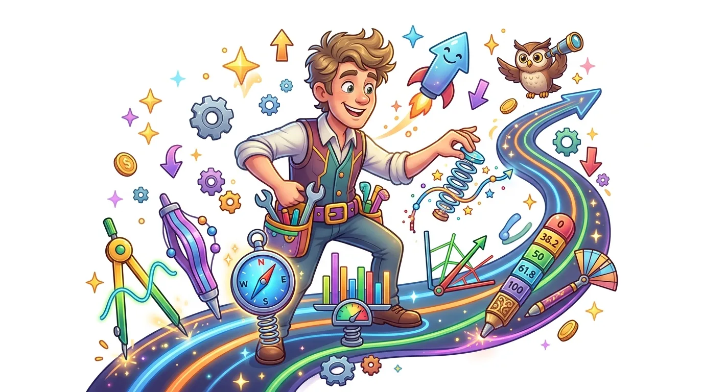 A cartoon man with tools navigates a colorful, star-studded path with finance and growth symbols.