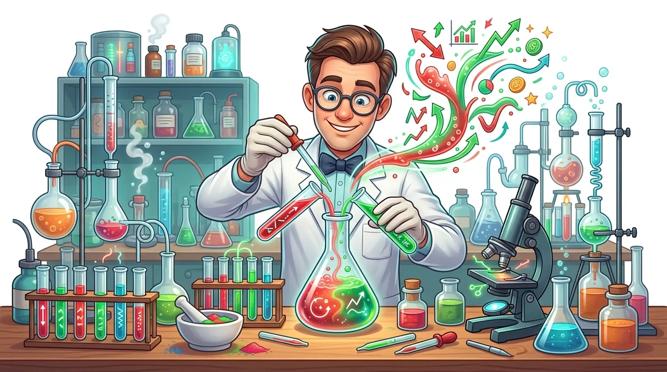 A cartoon scientist mixes chemicals, symbolizing financial analysis and growth.