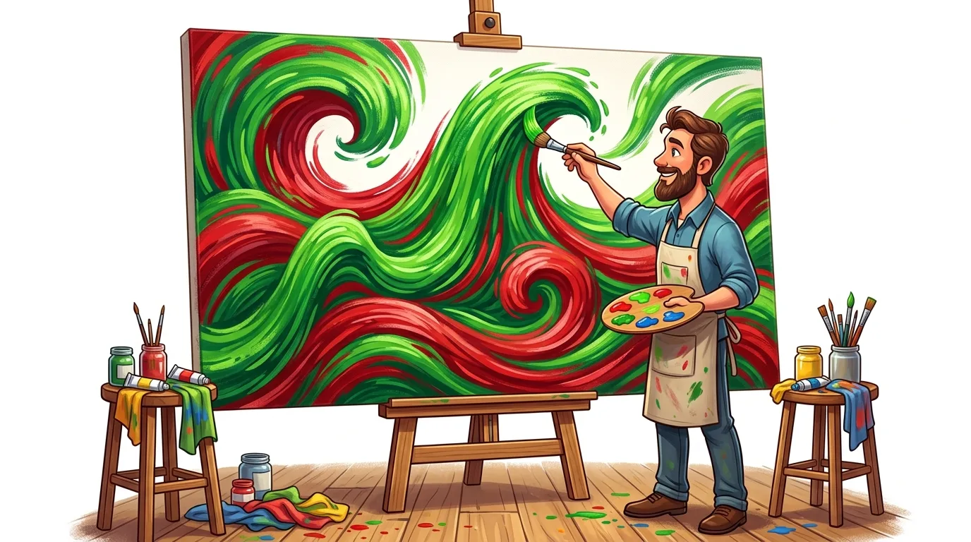 A smiling artist paints a vibrant red and green abstract artwork on an easel.