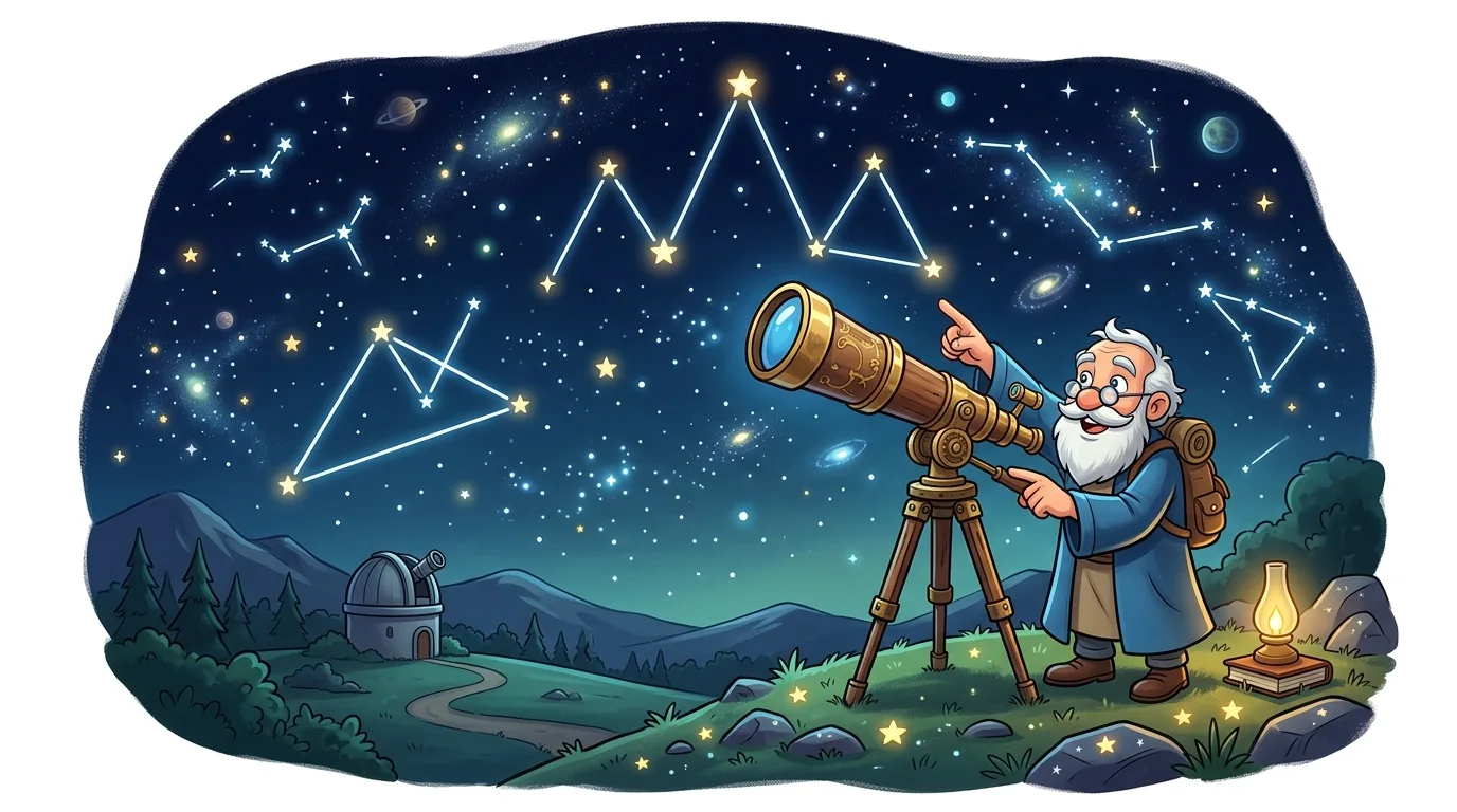 A cartoon astronomer with a telescope points at constellations in a starry night sky.