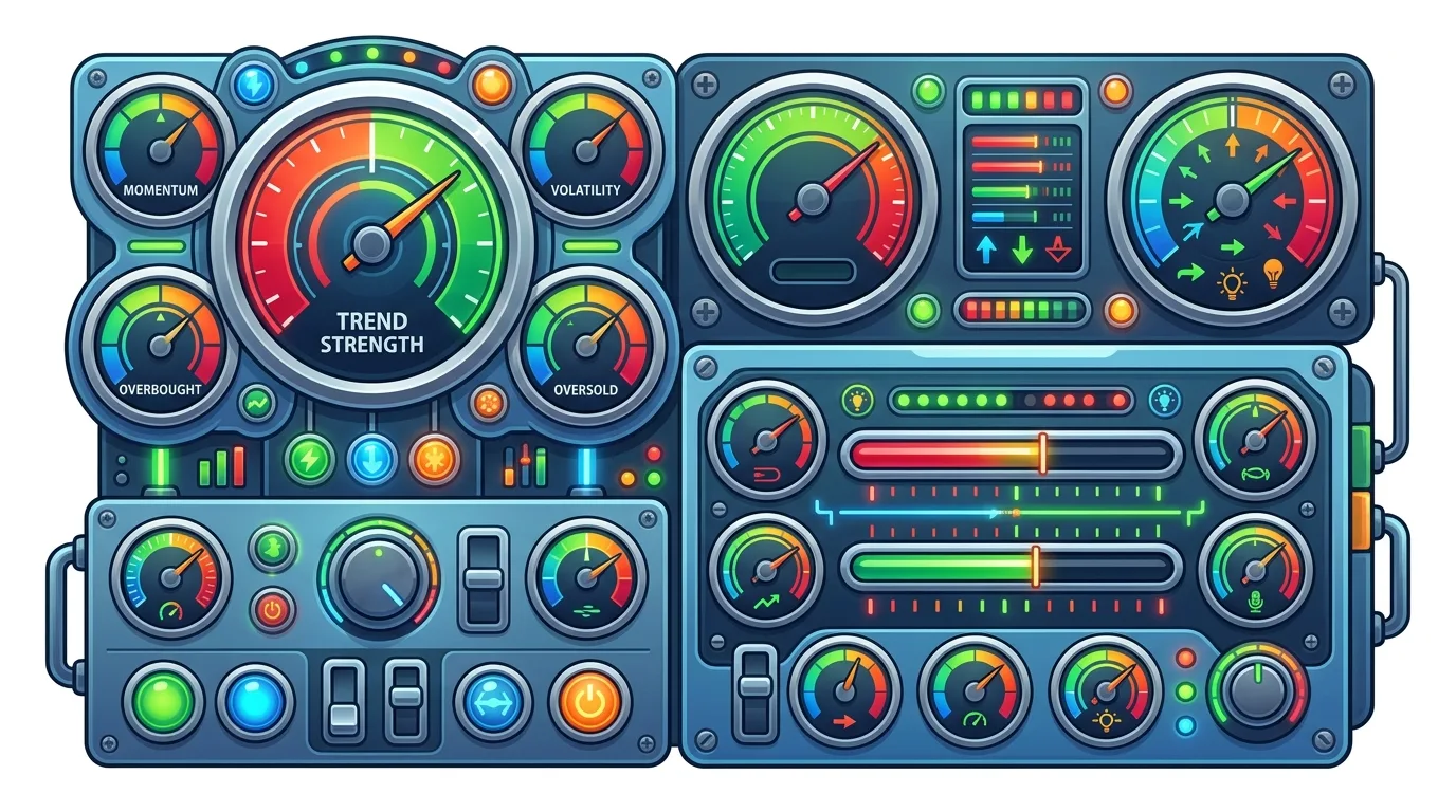 A detailed illustration of a control panel with various gauges, meters, and buttons.