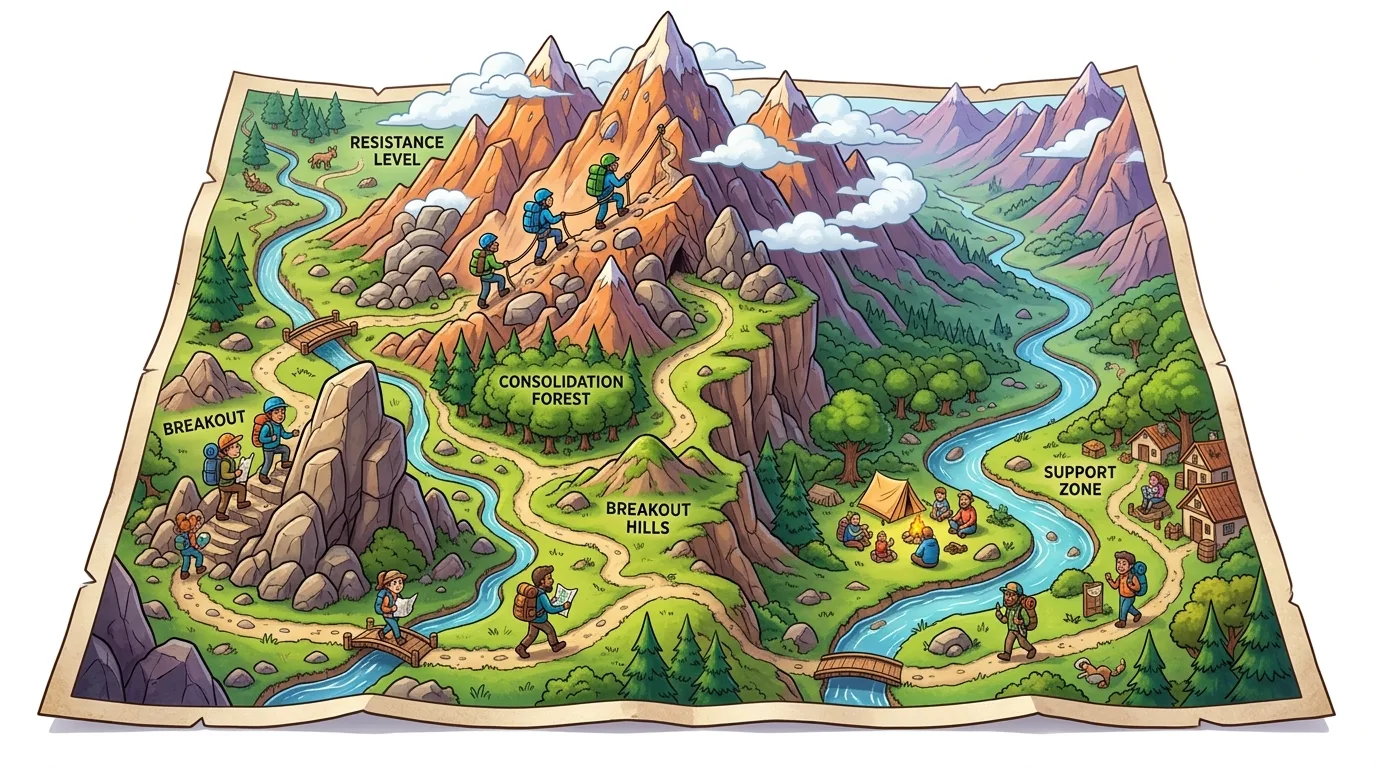 A vibrant, cartoon-style map illustrating a journey through various financial market concepts.