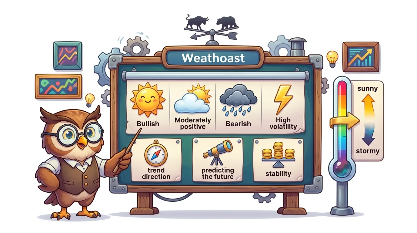 An owl professor explains a "Weathoast" board with market sentiment and analysis tools.