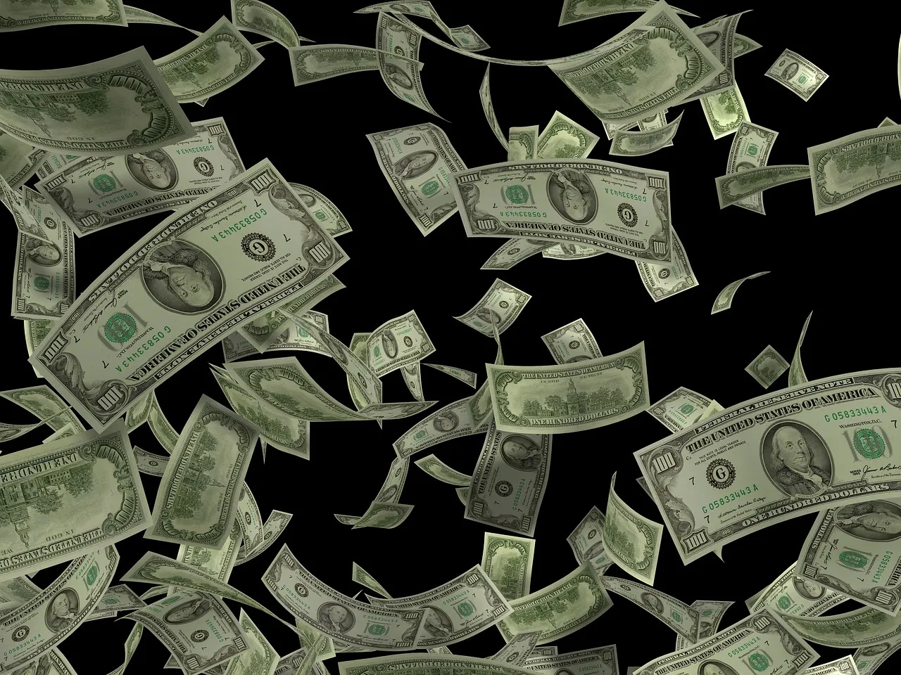 Hundreds of dollar bills are falling against a black background.