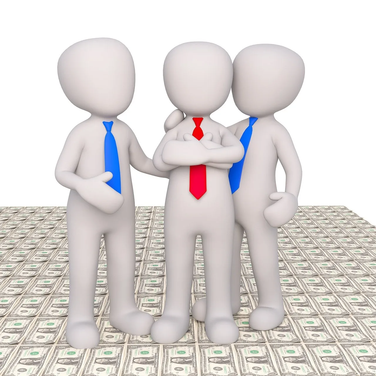 Three 3D figures in suits and ties stand on a floor covered in dollar bills.