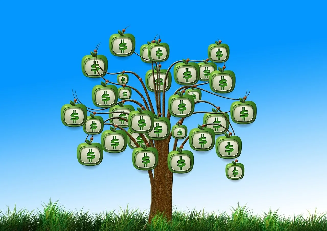 A money tree with dollar sign apples growing on it, set against a blue sky and green grass.