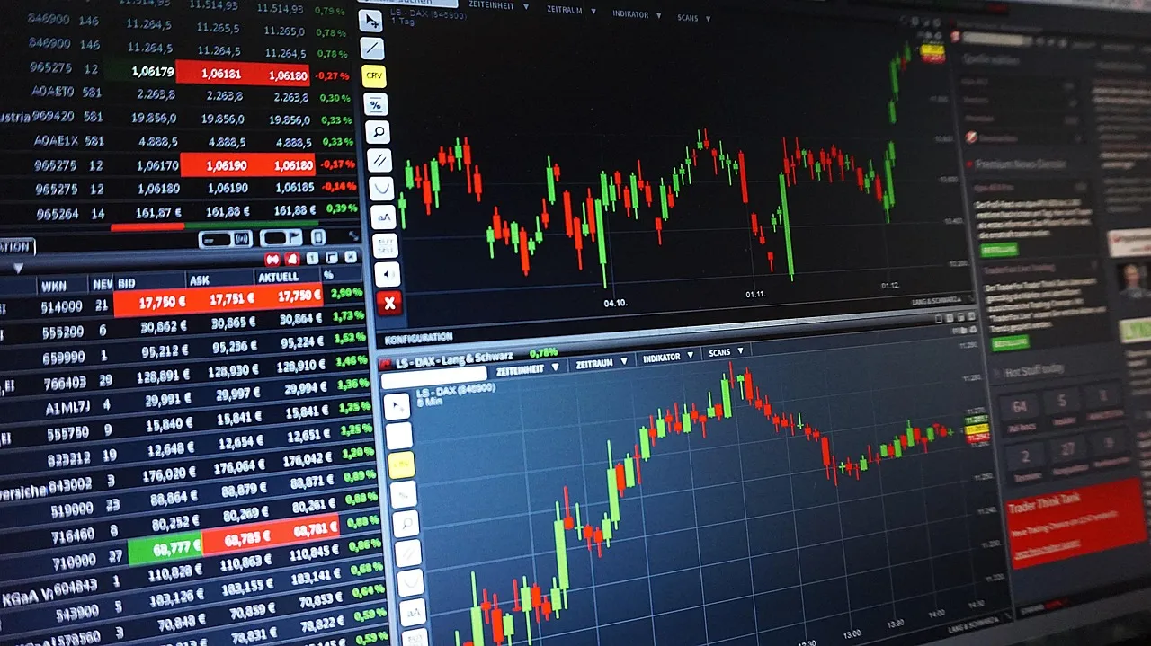 A computer screen displays stock market data with candlestick charts and price lists.