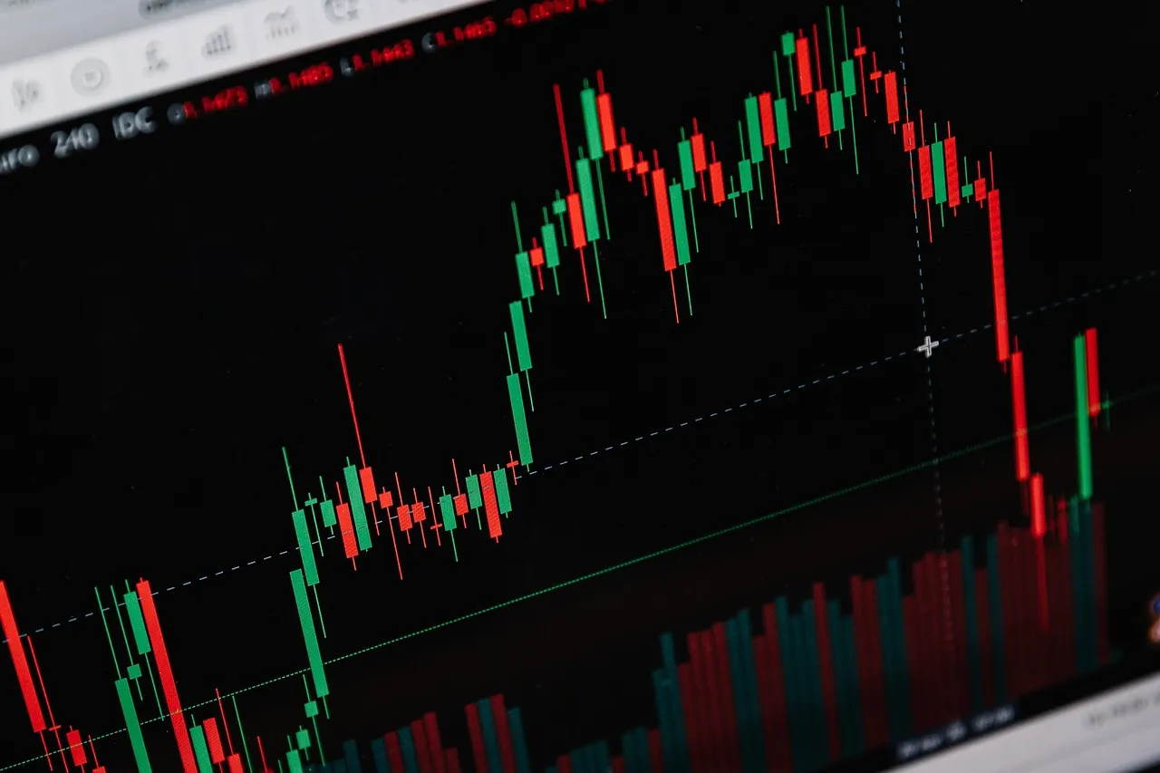 A close-up of a digital screen displaying a candlestick chart with red and green bars.