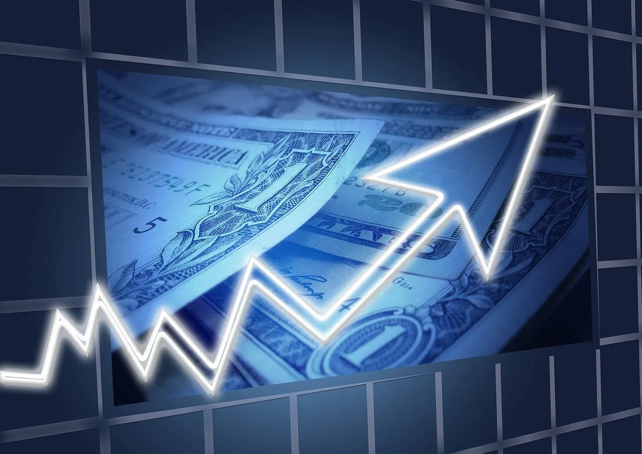 A glowing white upward trend line overlays US dollar bills, set against a grid background.