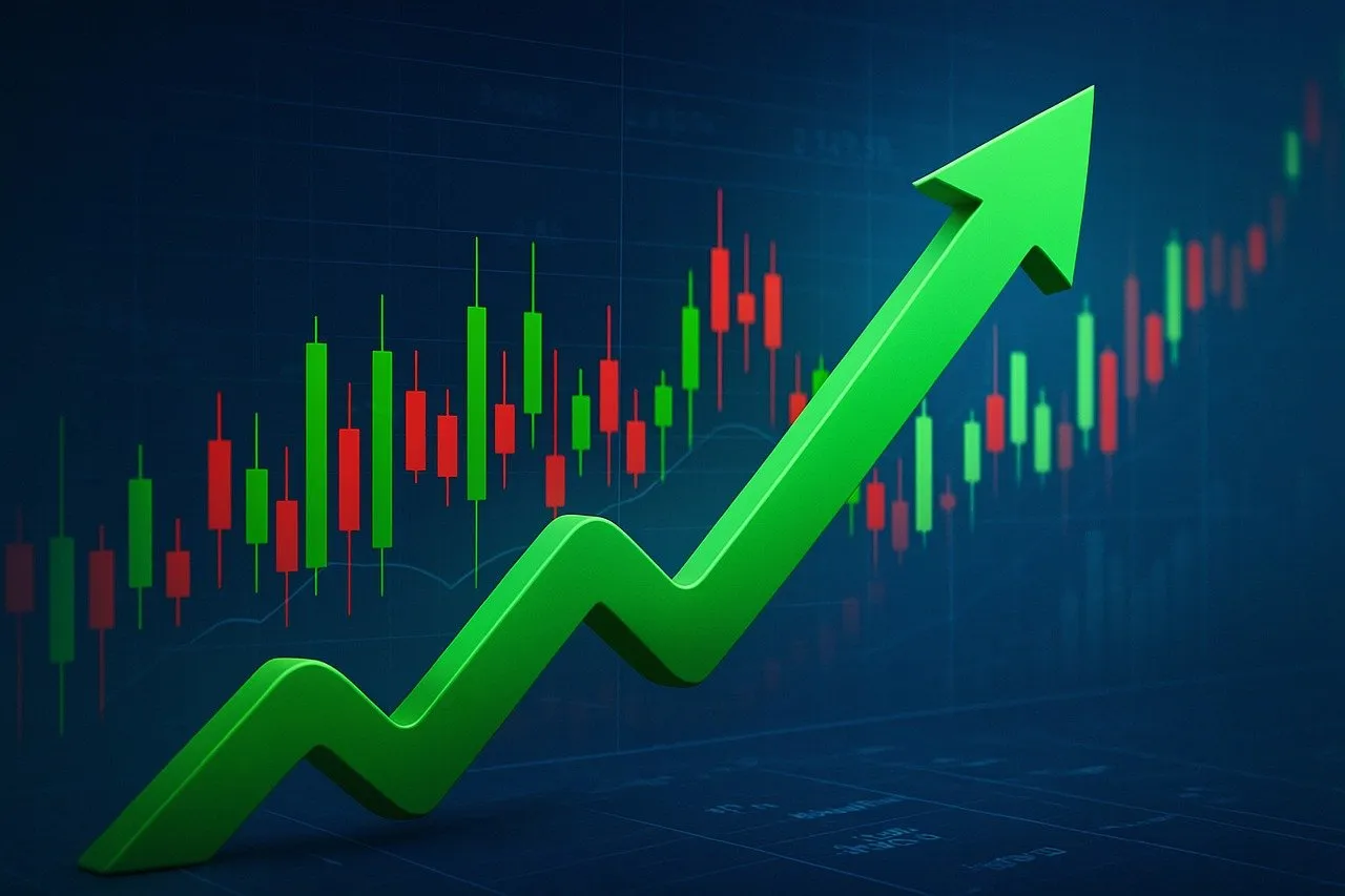 A 3D green arrow points upwards over a candlestick chart, symbolizing growth and success.
