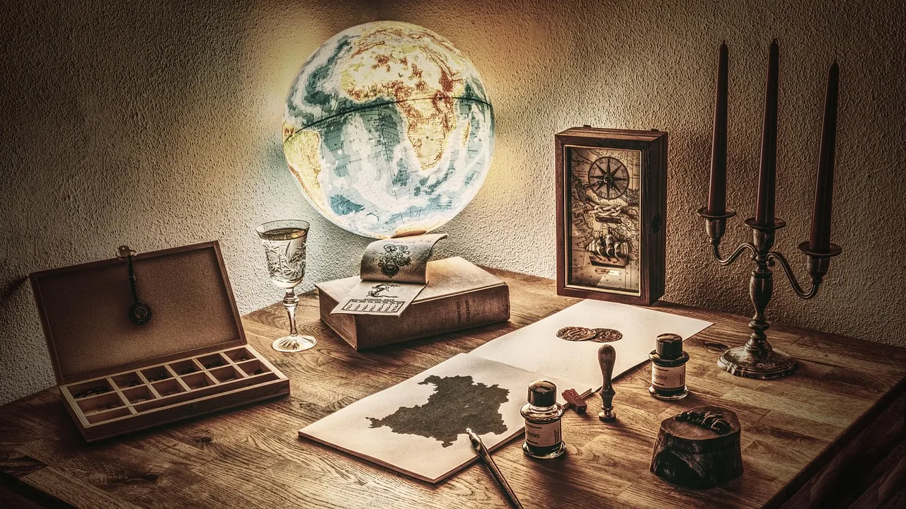 A vintage desk setup with a glowing globe, old maps, ink, and candles, evoking exploration.