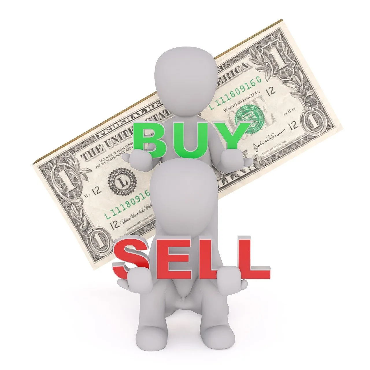 Two grey figures hold "BUY" and "SELL" in front of a dollar bill.