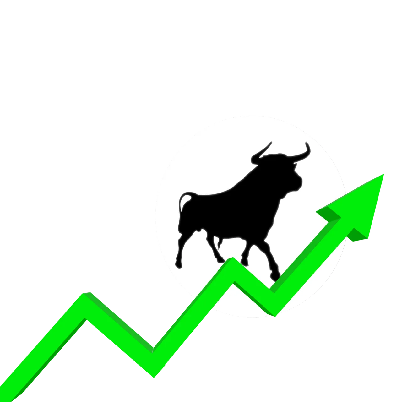 A black bull silhouette on a white circle with a green upward trending arrow, symbolizing a bullish market.