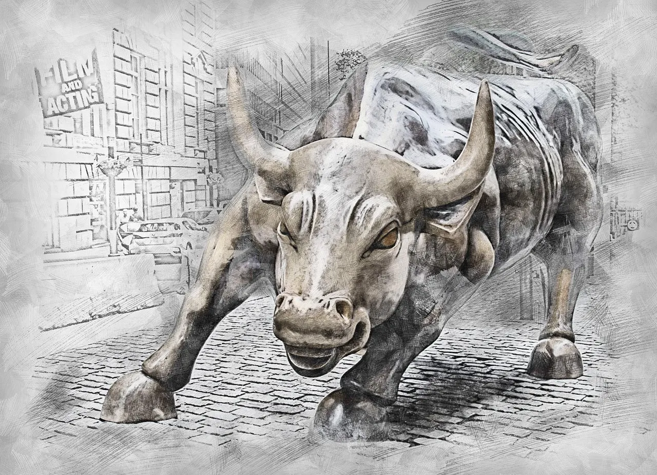 A sketch-style image of the Charging Bull statue in New York City.