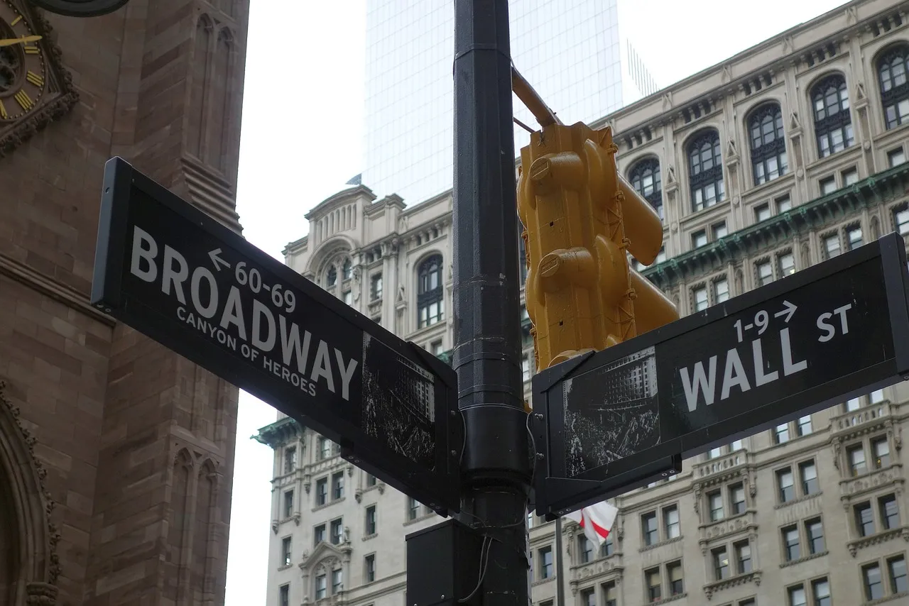 Street signs for Broadway and Wall Street in New York City, with historic buildings.