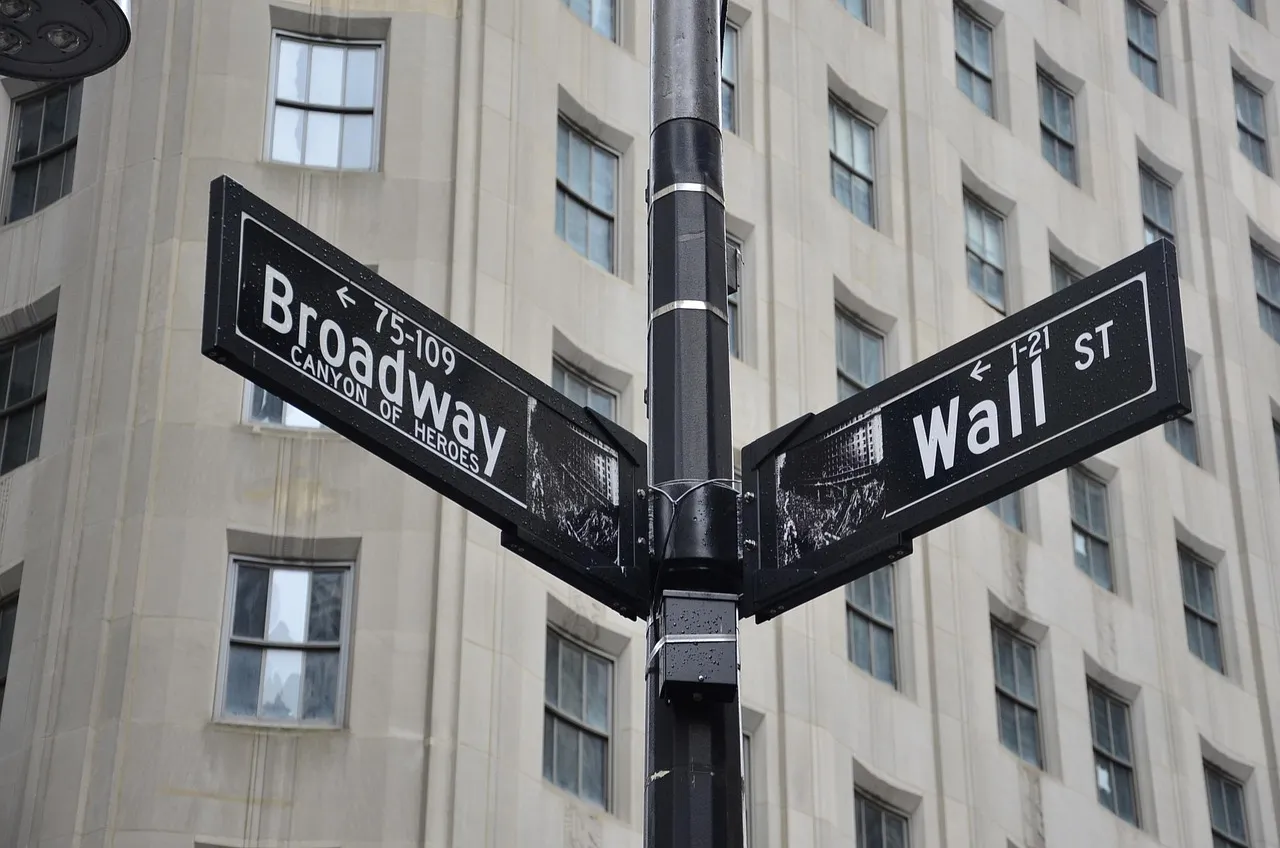 Street signs for Broadway and Wall Street intersect in front of a building.