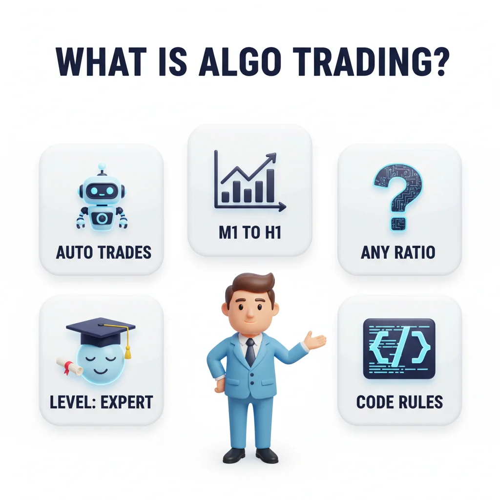 An image explaining "What is Algo Trading?" with icons for auto trades, timeframes, ratios, expertise, and code rules.