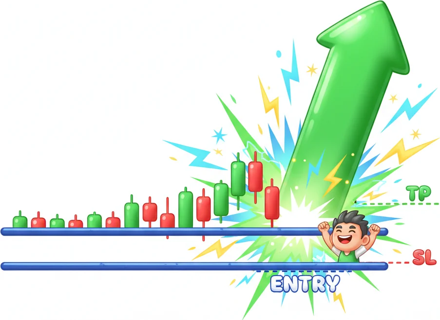 A cartoon illustration of a bullish market trend with a happy trader, showing entry, TP, and SL levels.