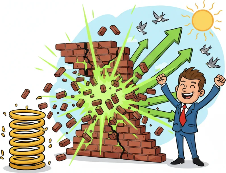 Brick wall breaking apart with green energy — visual metaphor for a price breakout