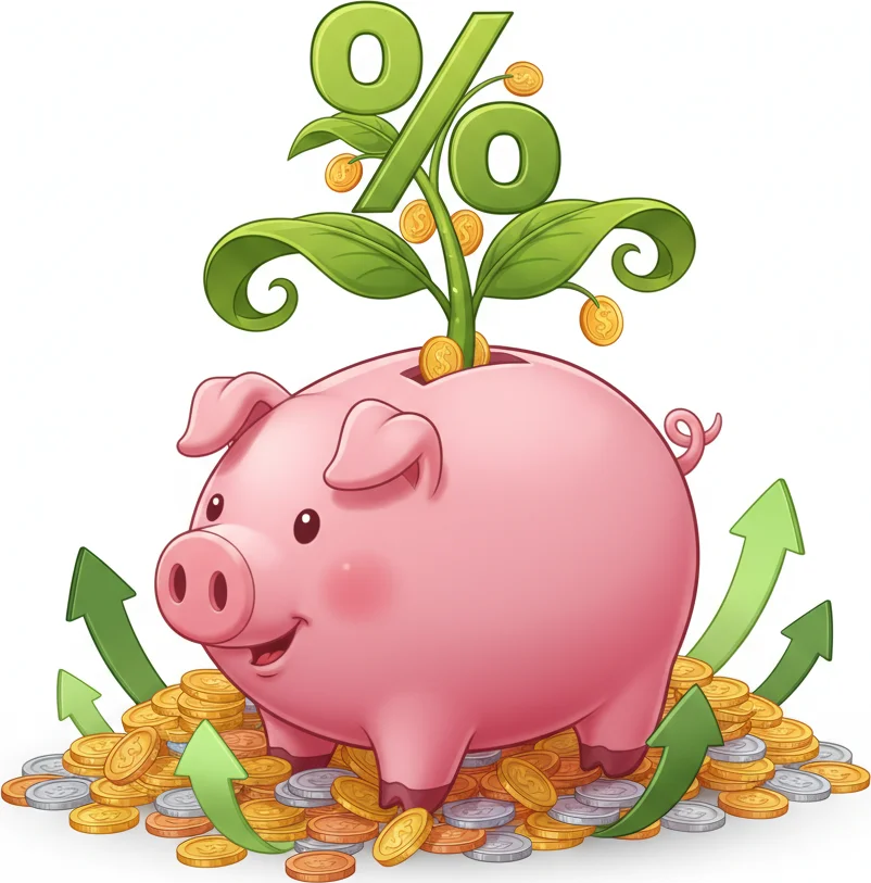 A cute piggy bank with a growing percentage sign plant, surrounded by coins and upward arrows.
