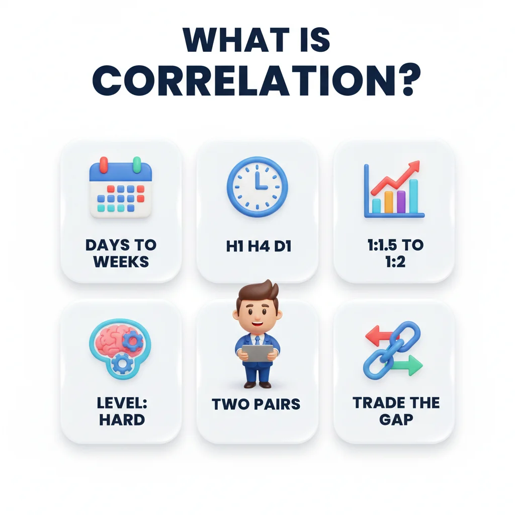 What is Correlation Trading infographic — days to weeks, H1/H4/D1, linked pairs, trade the gap