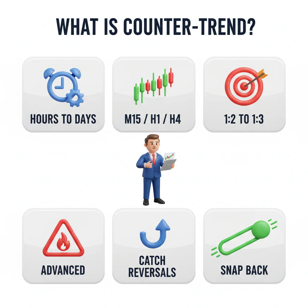 What is Counter-Trend Trading infographic — hours to days, M15/H1/H4, 1:2 to 1:3 ratio, advanced, catch reversals, snap back
