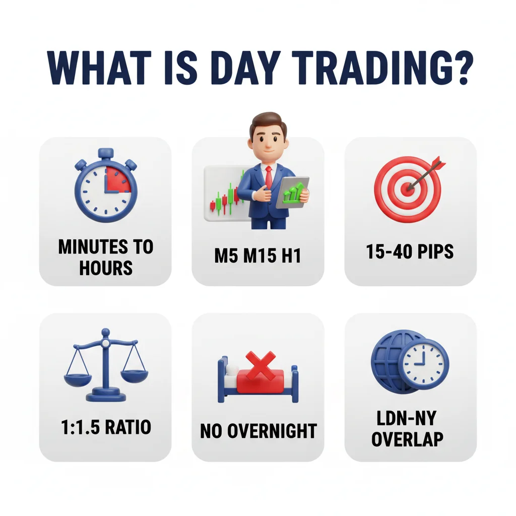 What is Day Trading infographic — duration, timeframes, target, risk ratio, no overnight rule, session
