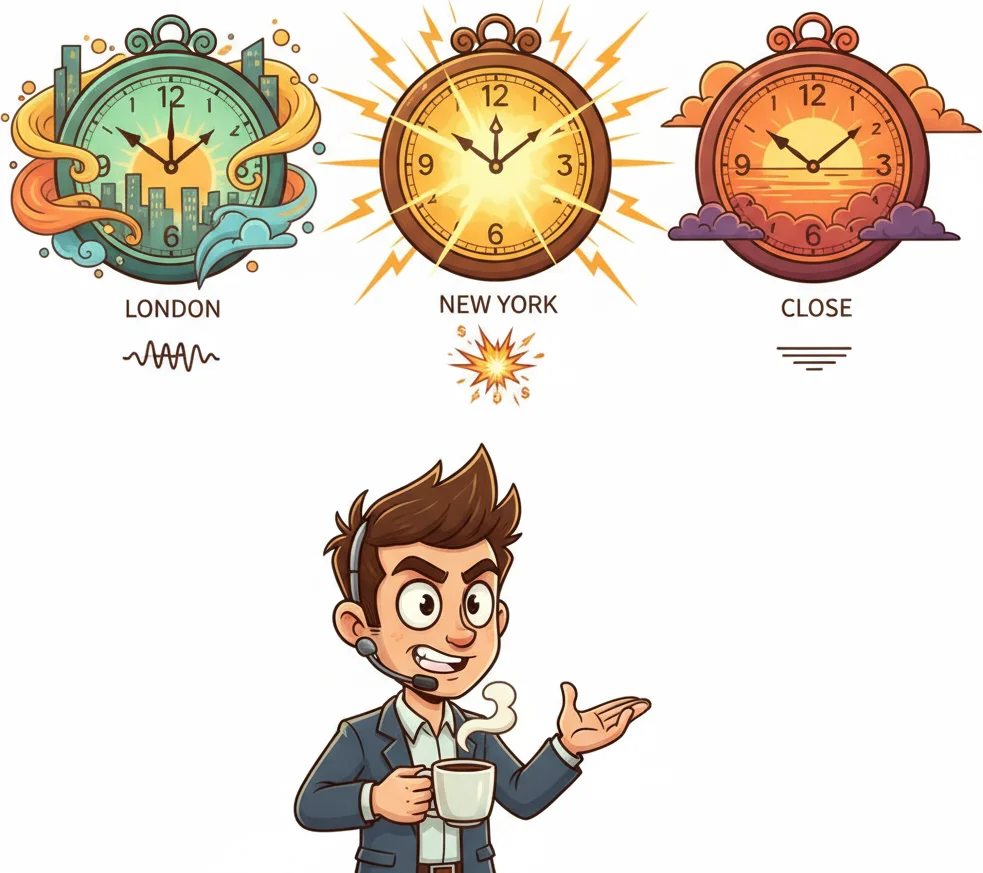 Three trading session clocks showing London, New York and close times