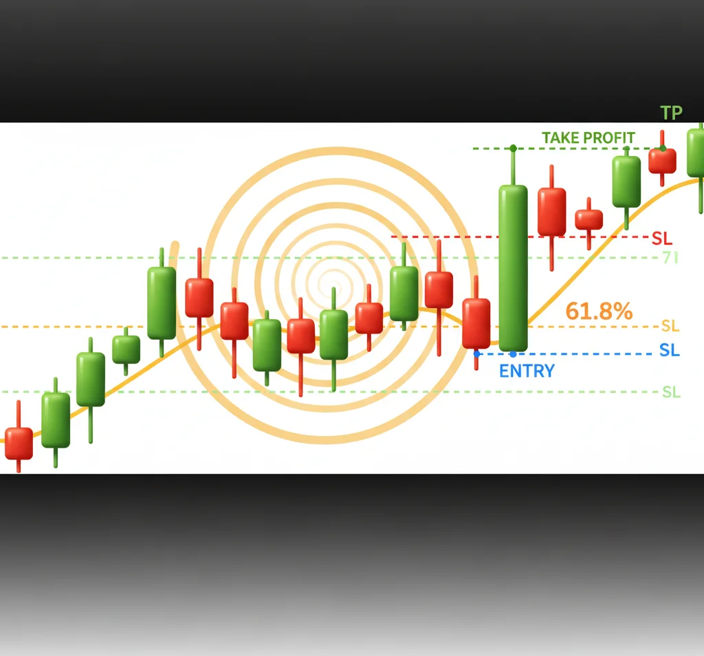 A candlestick chart showing entry, take profit, and stop loss levels with a Fibonacci spiral.