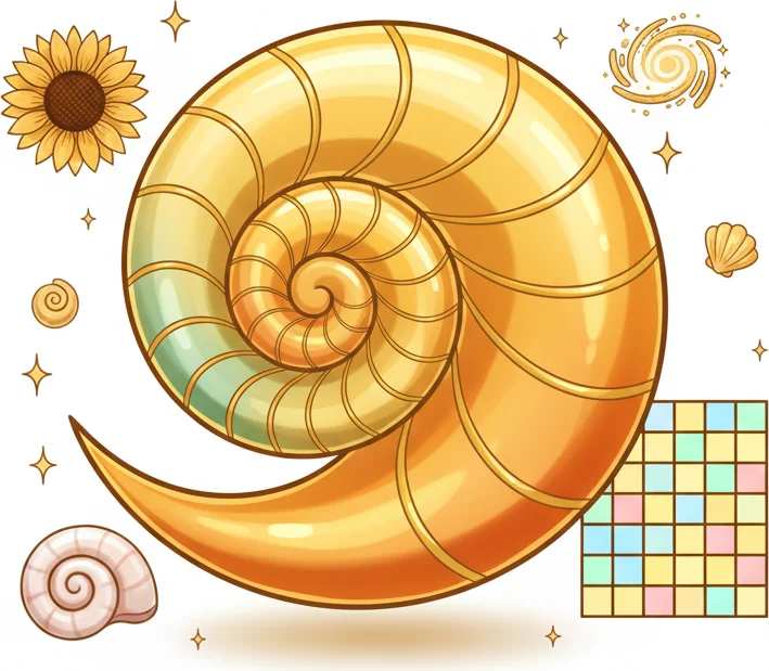 Golden Fibonacci spiral with geometric rectangles in warm colors