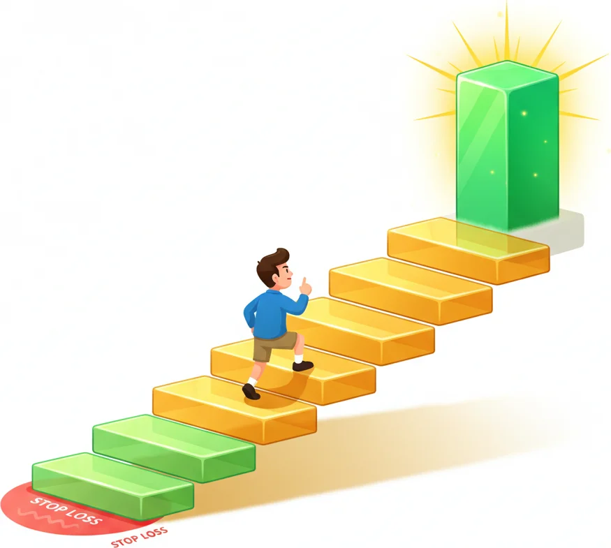 Golden staircase representing Fibonacci levels with trader climbing toward the target