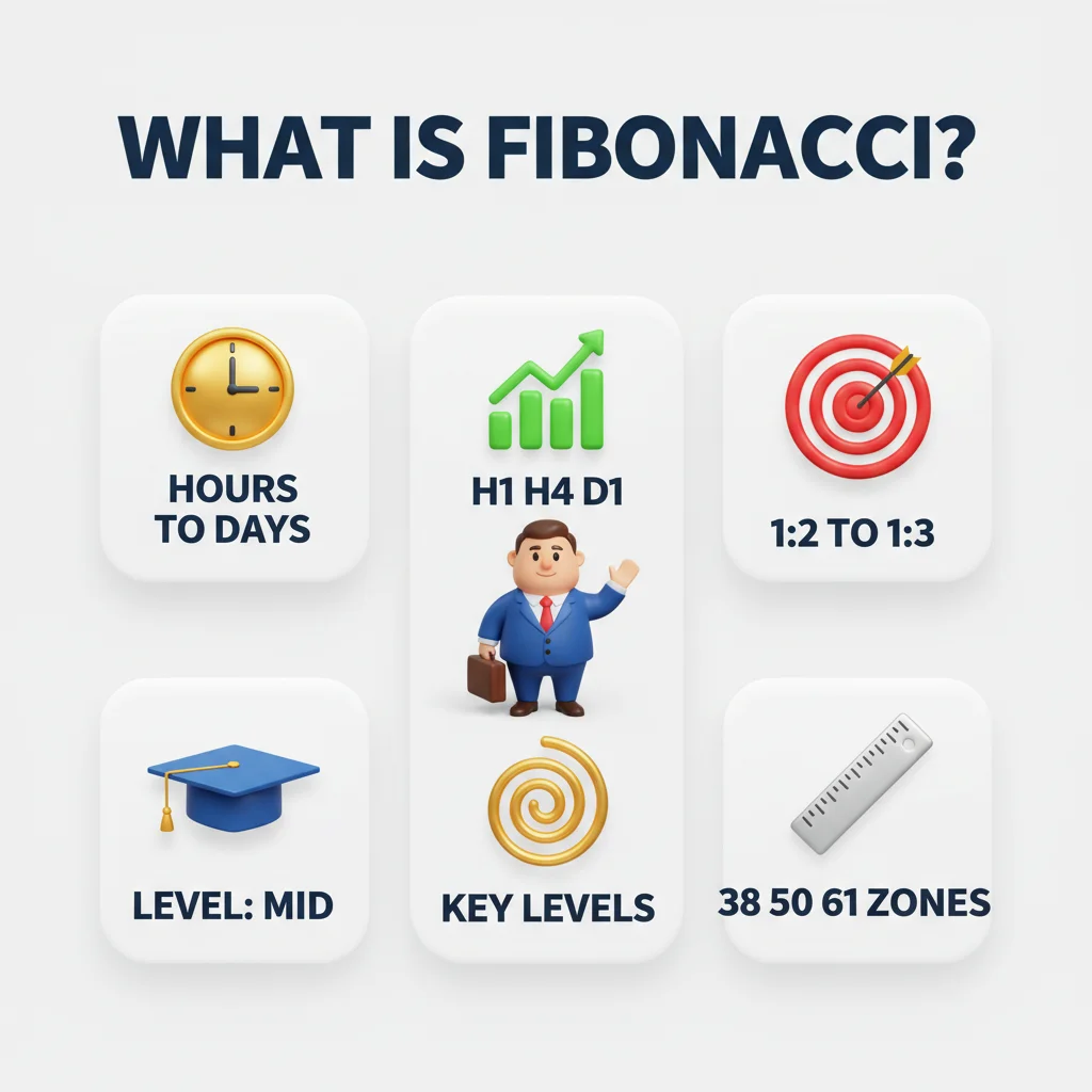 An infographic explaining Fibonacci in trading with icons representing timeframes, levels, and ratios.