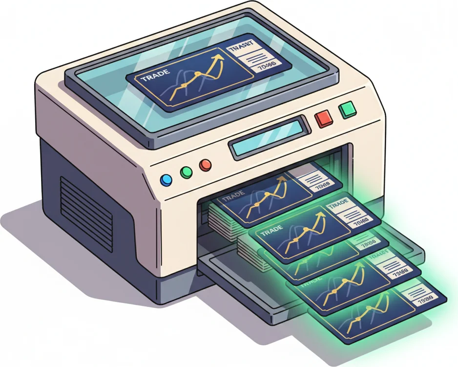 An isometric illustration of a printer producing glowing cards with "TRADE" and a stock graph.