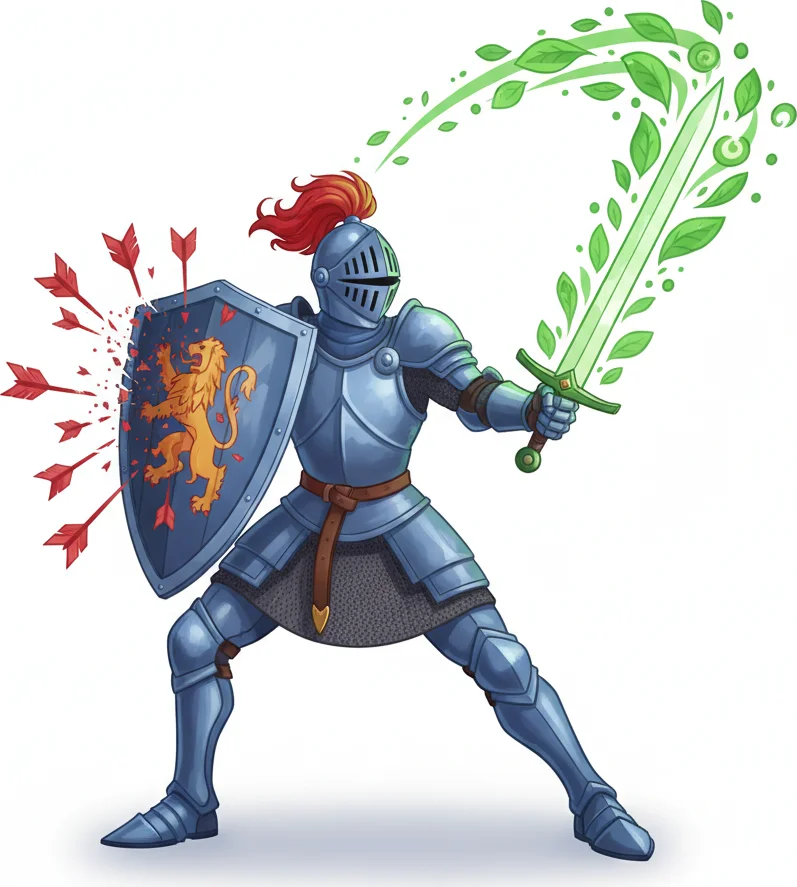 A knight in shining armor with a damaged shield and a sword made of leaves.