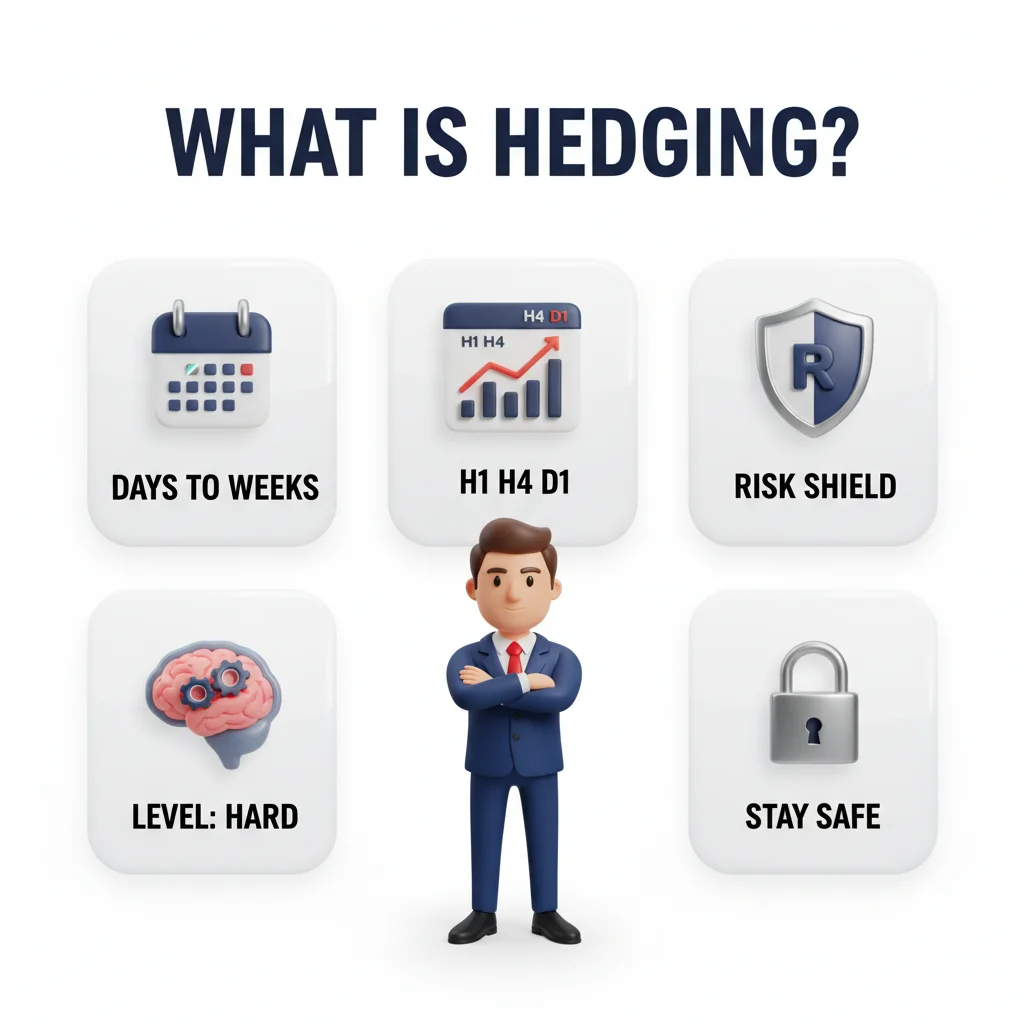 An infographic explaining "What is Hedging?" with a businessman and six icons representing key aspects.