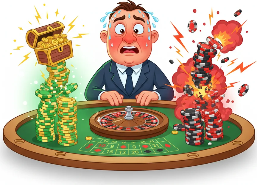 A man at a roulette table experiences the extremes of winning and losing in gambling.