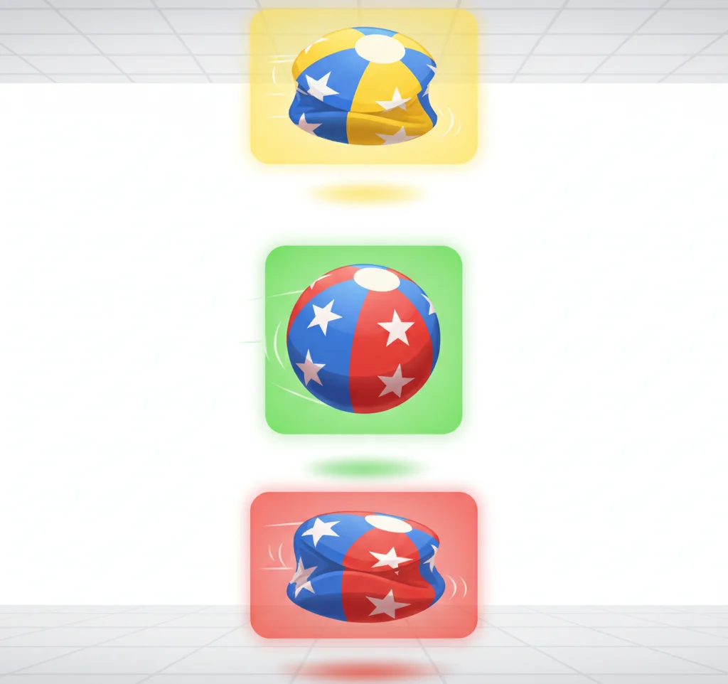 Three beach balls, one deflated yellow, one inflated red/blue, and one deflated red/blue.