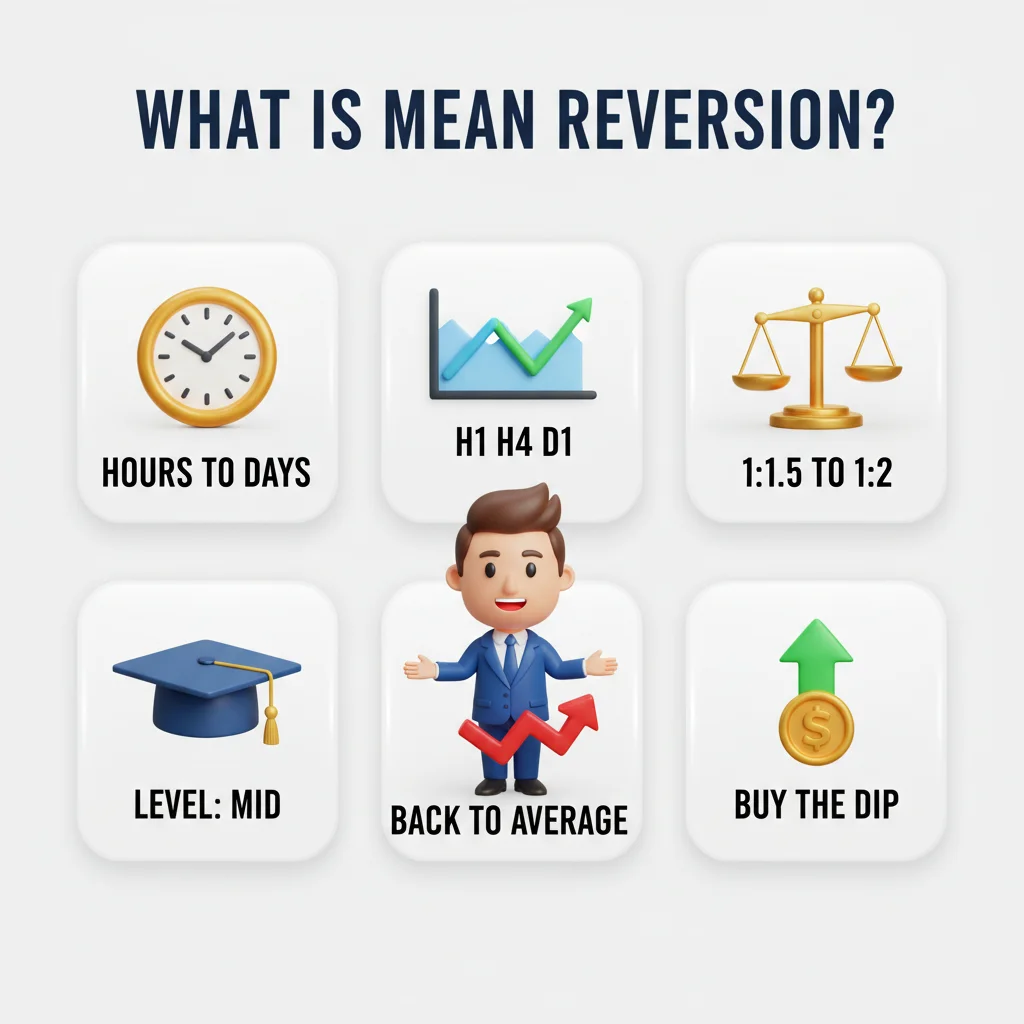 An infographic explaining mean reversion in trading with six illustrative icons and text.
