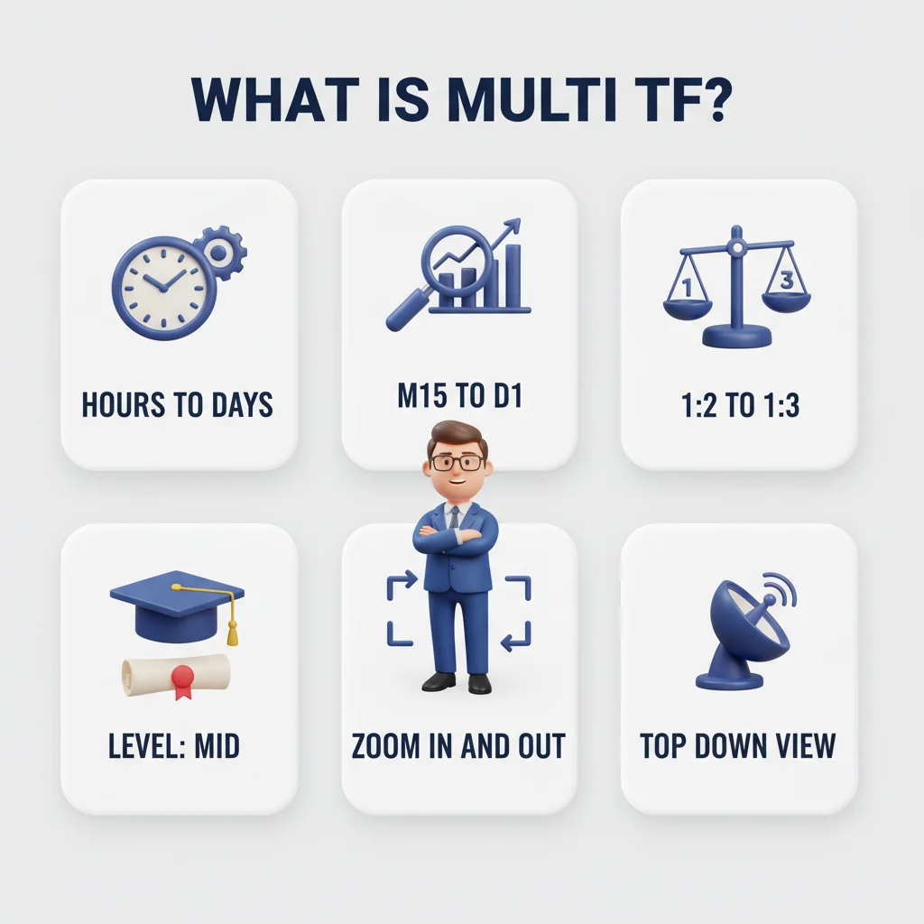 What is Multi-Timeframe Analysis infographic — hours to days, M15 to D1, zoom in and out, top down view
